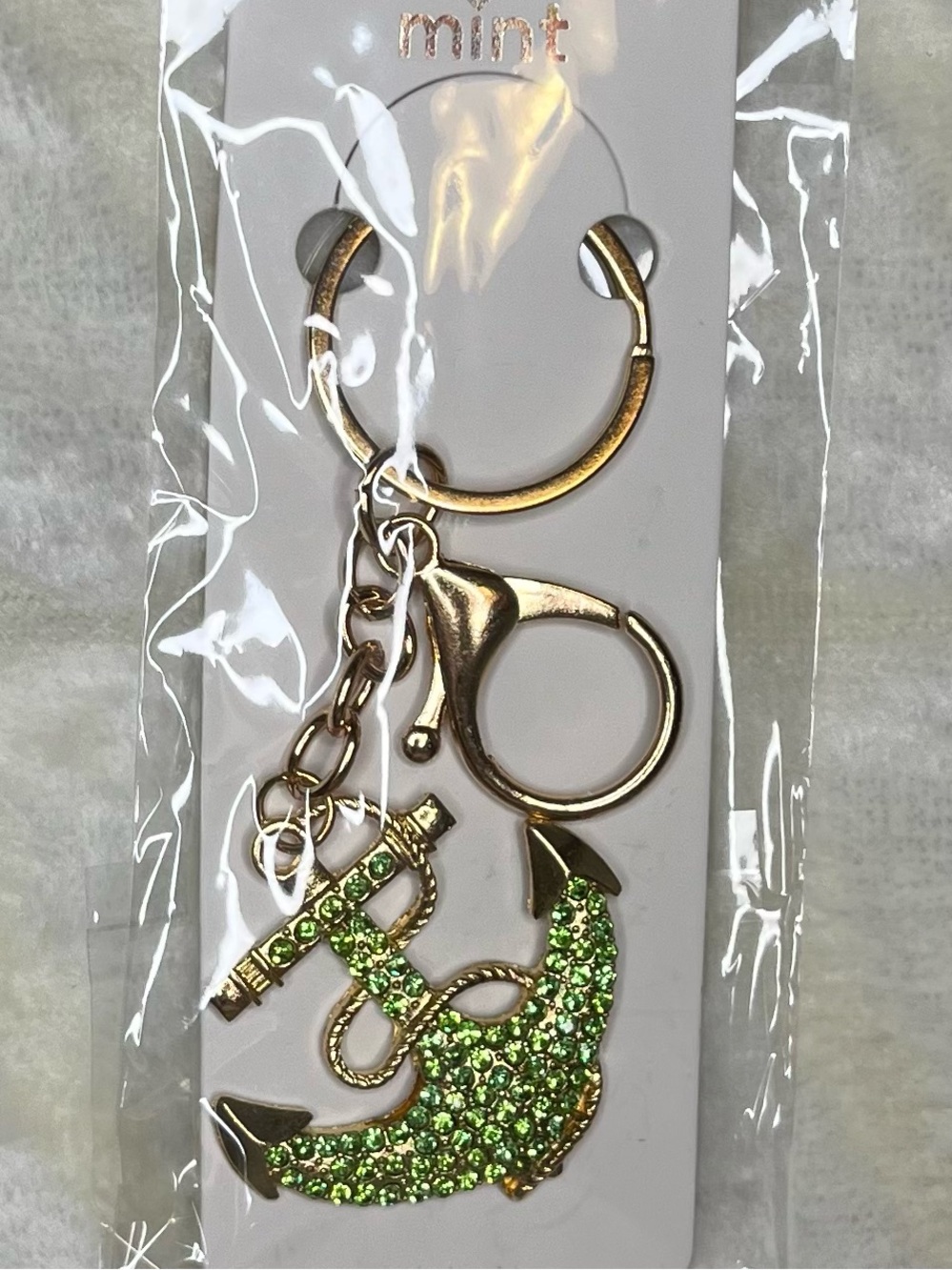 Mint Green Glitter Anchor Keyring Bag Charm with Gold Hardware